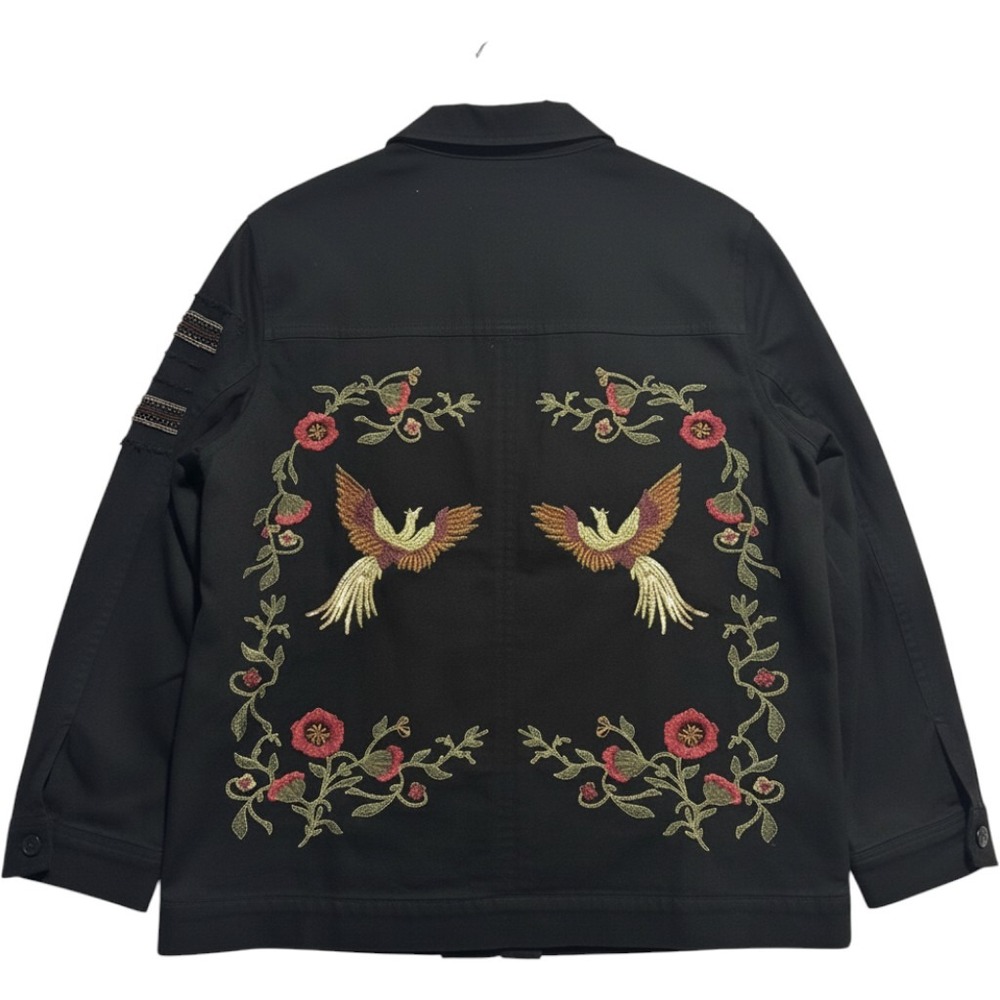 Colleen Lopez Black Cotton Embroidered Phoenix Utility Jacket Sequin Beaded L